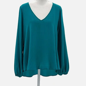 Lavender Brown 100% Silk V Neck Long Sleeve Blouse in Turquoise - Size Large